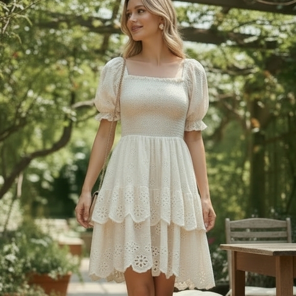 Bershka Dresses & Skirts - Bershka Size S Cream Tiered Ruffle Dress Eyelet Smocked Puff Sleeve